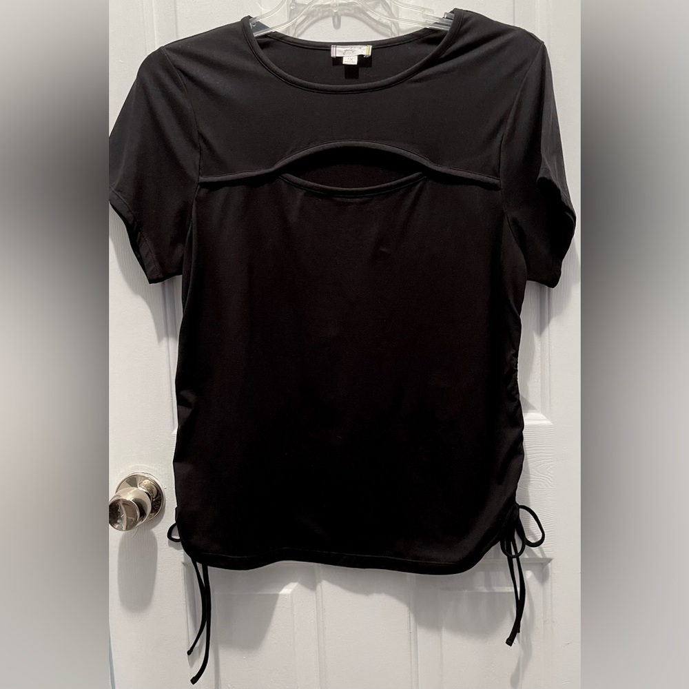 Glitz Womens 1X keyhole ruched sides tie short sleeve plus size stretch top